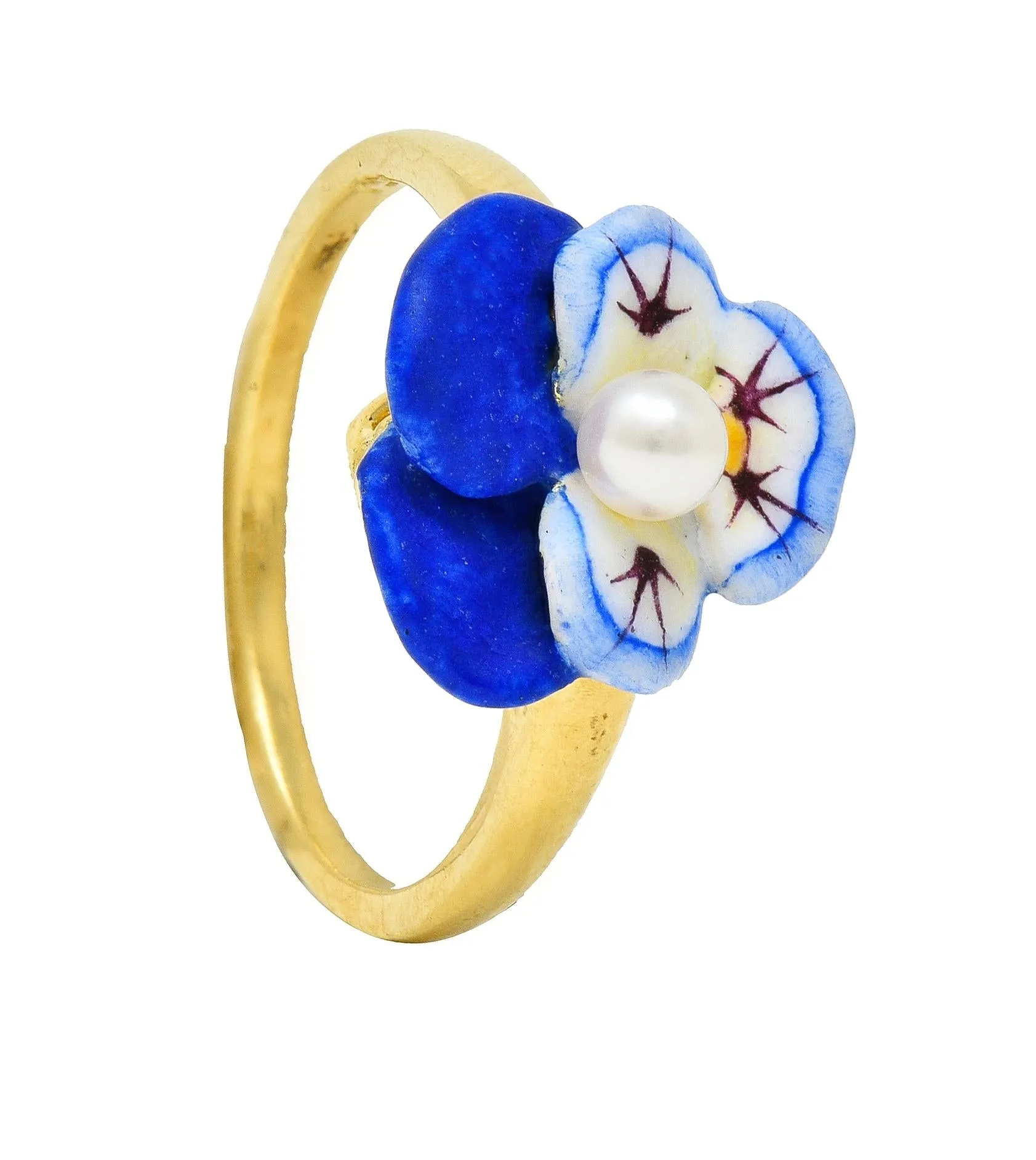 Larter & Sons Art Nouveau Pearl Enamel 18 Karat Yellow Gold Pansy Ring