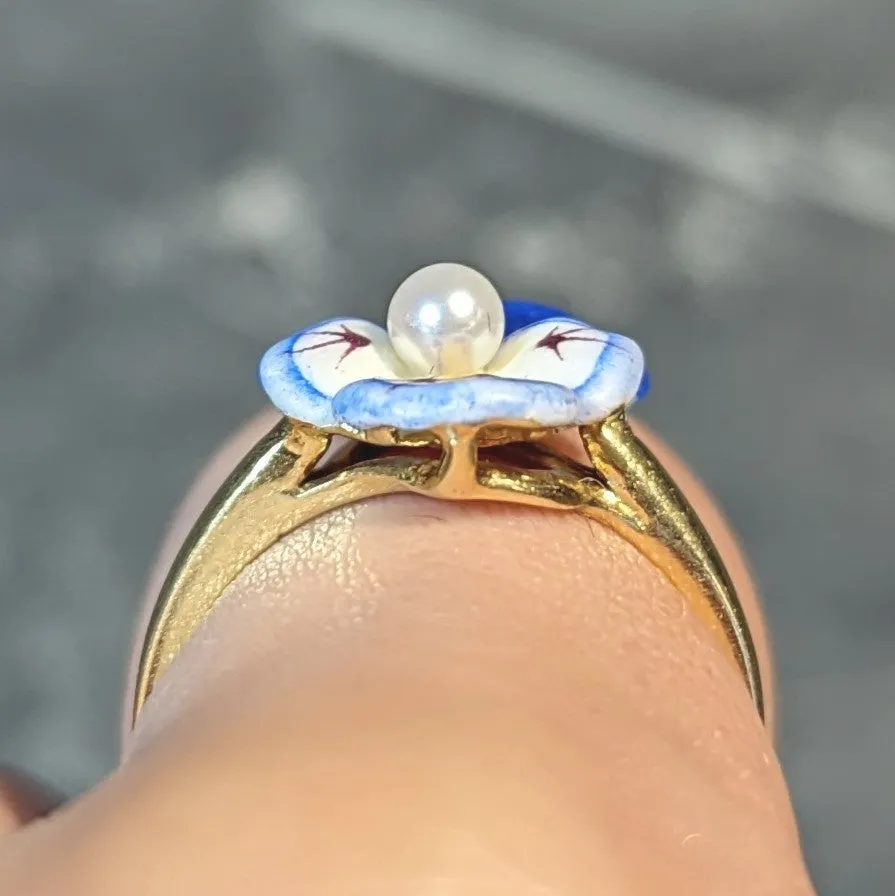 Larter & Sons Art Nouveau Pearl Enamel 18 Karat Yellow Gold Pansy Ring