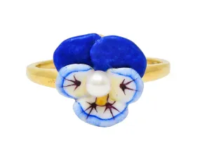 Larter & Sons Art Nouveau Pearl Enamel 18 Karat Yellow Gold Pansy Ring