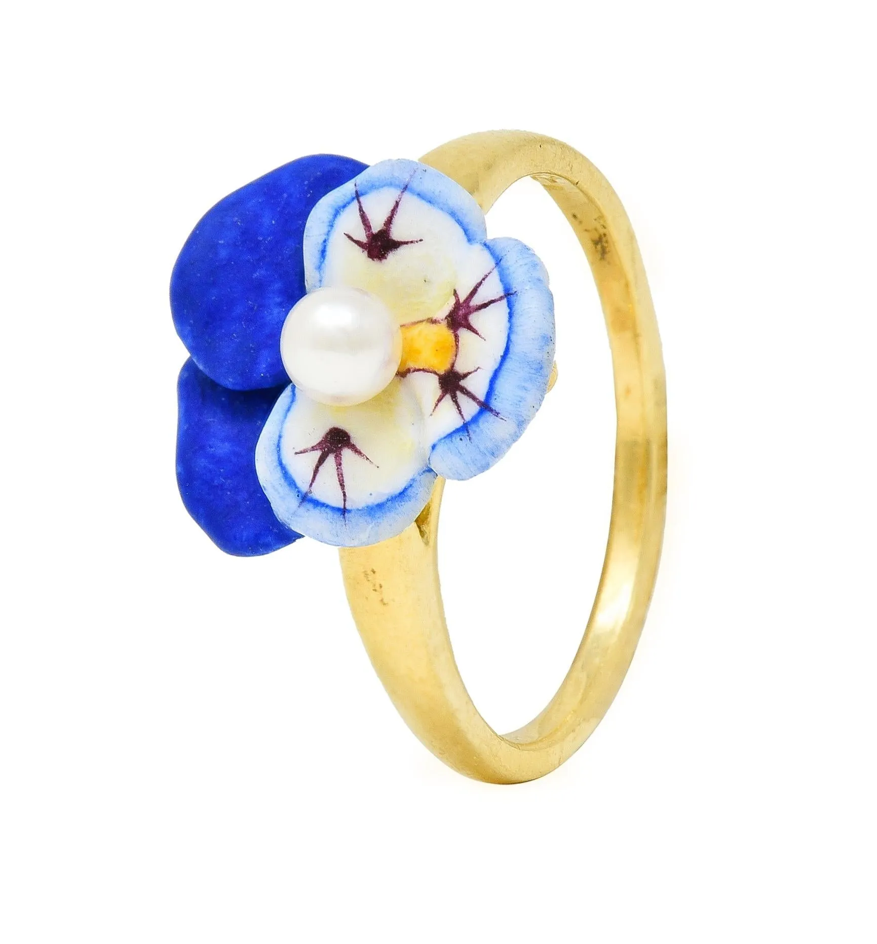 Larter & Sons Art Nouveau Pearl Enamel 18 Karat Yellow Gold Pansy Ring