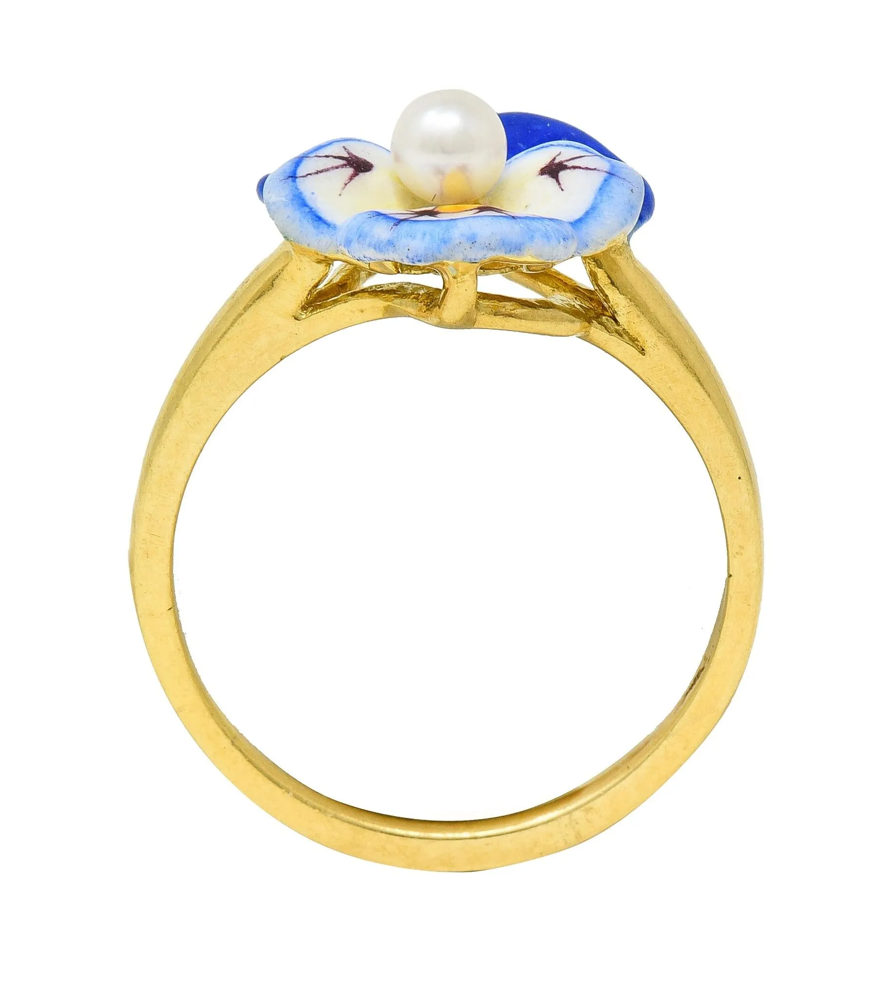 Larter & Sons Art Nouveau Pearl Enamel 18 Karat Yellow Gold Pansy Ring