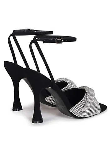 Lenora Black Faux Suede Heeled Sandals with Diamante Twisted Front Strap by Linzi | Look Again