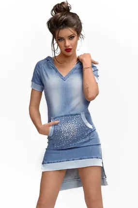 Long Front Back Short Denim Dress With Pocket And Hooded Short Sleeve  Mini Dress Sexy Club Wear SM6