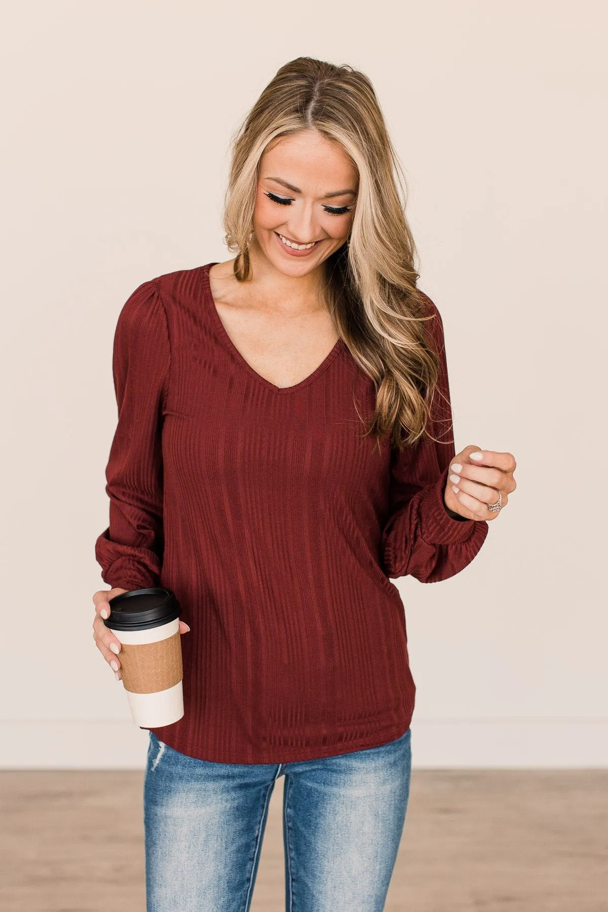 Majestic Memories Ribbed Knit Top- Maroon