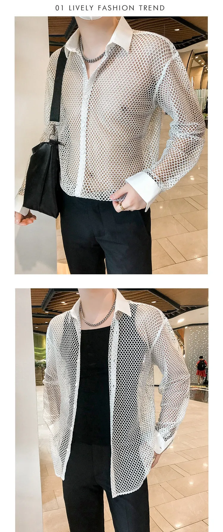 Men's Casual Style Hollowed Out Mesh Nightclub Long Sleeve Loose Shirt