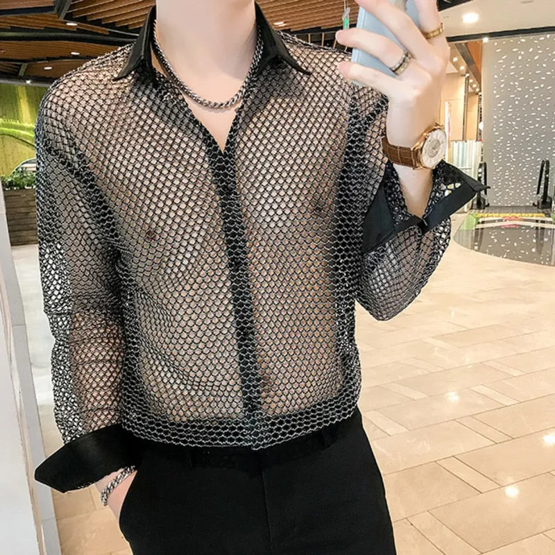 Men's Casual Style Hollowed Out Mesh Nightclub Long Sleeve Loose Shirt