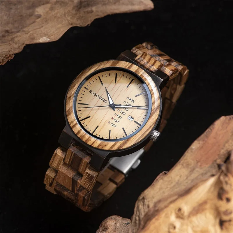 Men's Casual Style Quartz Movement Date Display Wooden Wristwatch