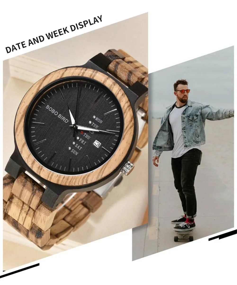 Men's Casual Style Quartz Movement Date Display Wooden Wristwatch