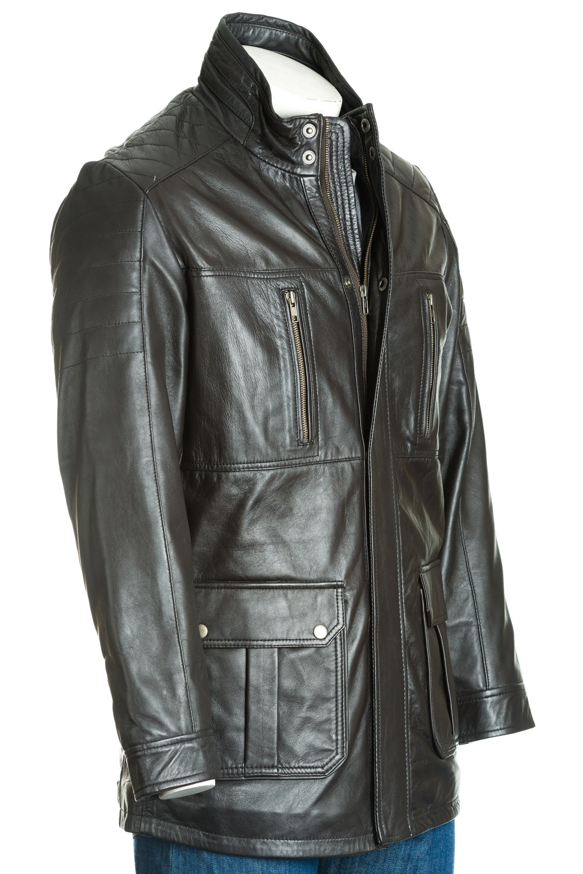 Men's Dark Brown Leather Coat With Shoulder Panel Stitch Detail: Enrico