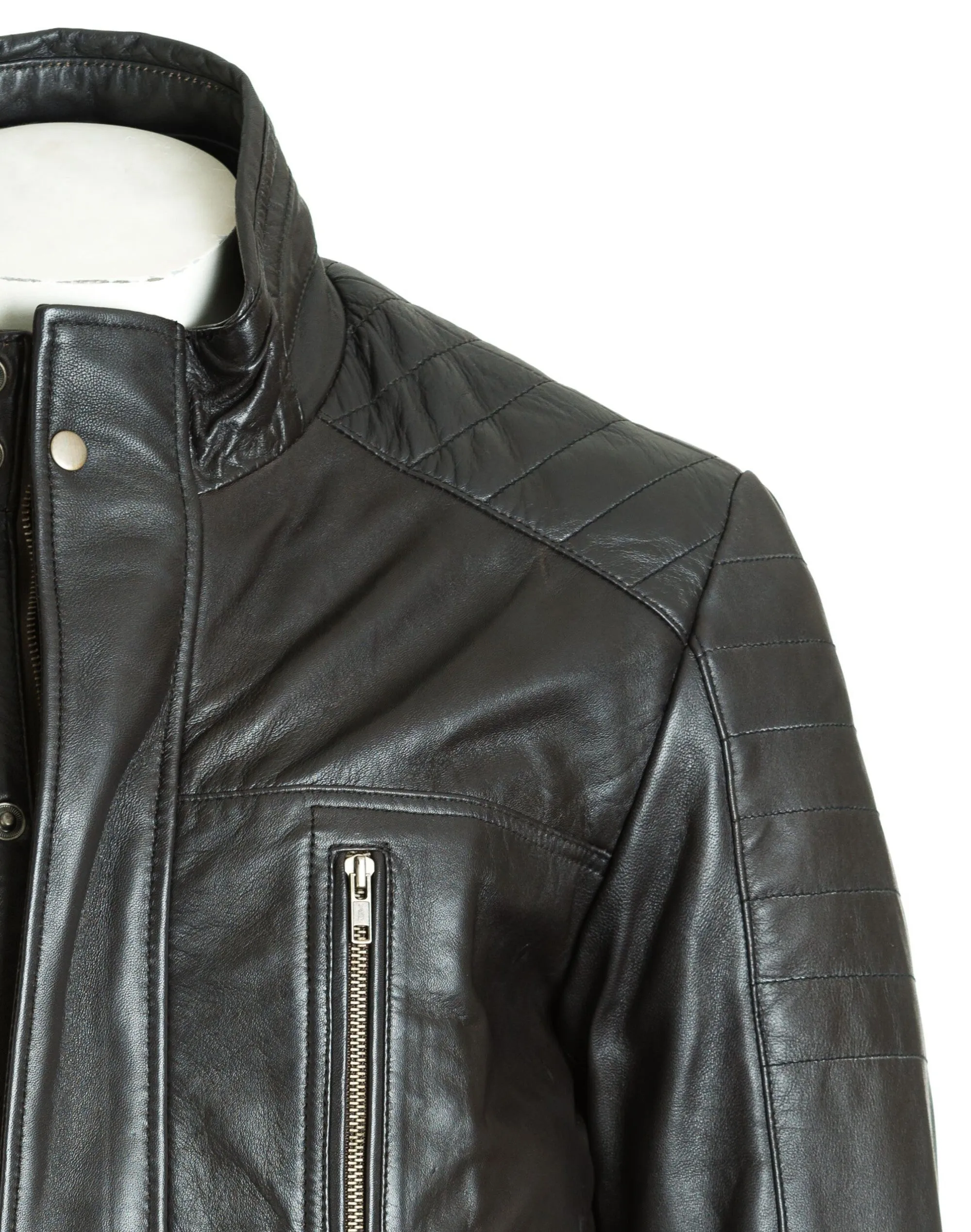 Men's Dark Brown Leather Coat With Shoulder Panel Stitch Detail: Enrico