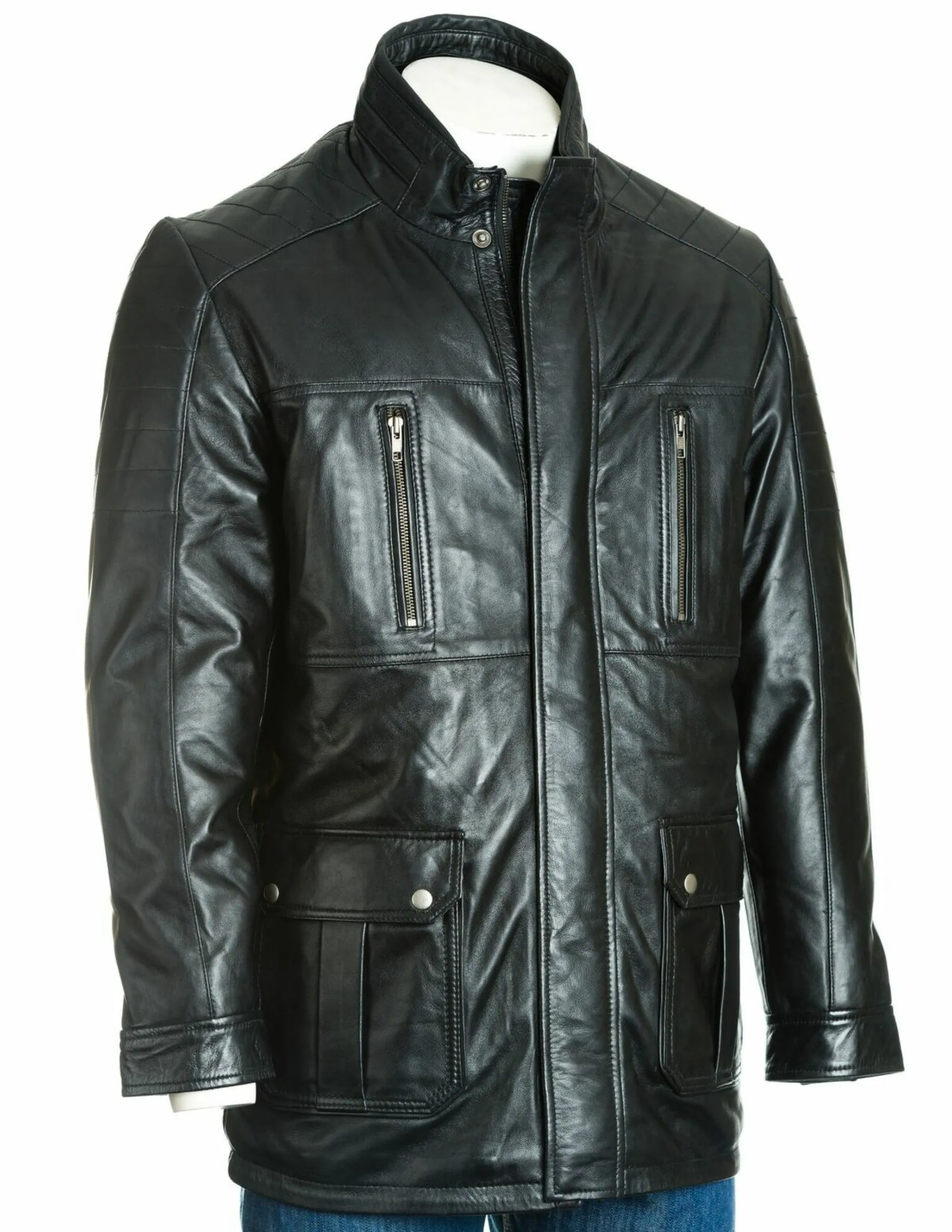 Men's Dark Brown Leather Coat With Shoulder Panel Stitch Detail: Enrico