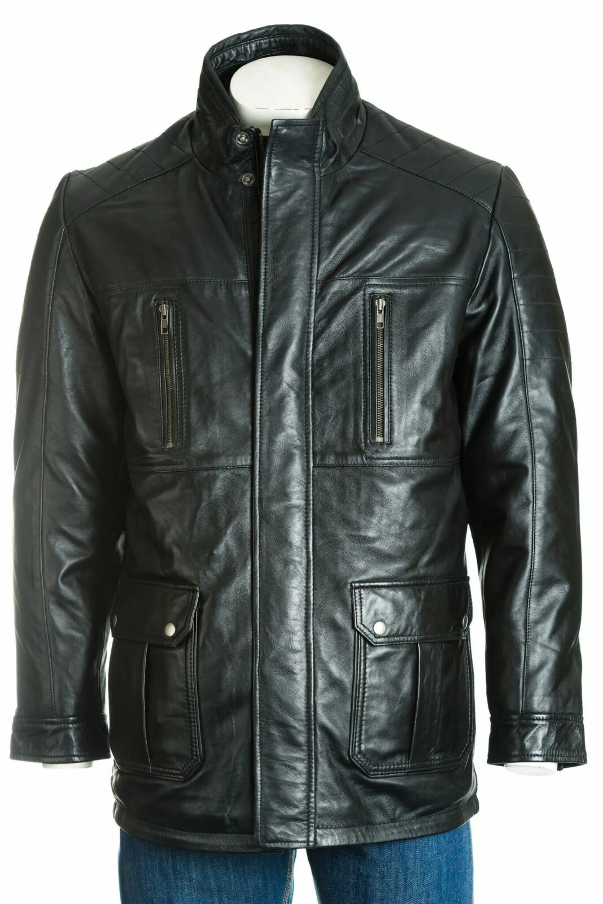 Men's Dark Brown Leather Coat With Shoulder Panel Stitch Detail: Enrico