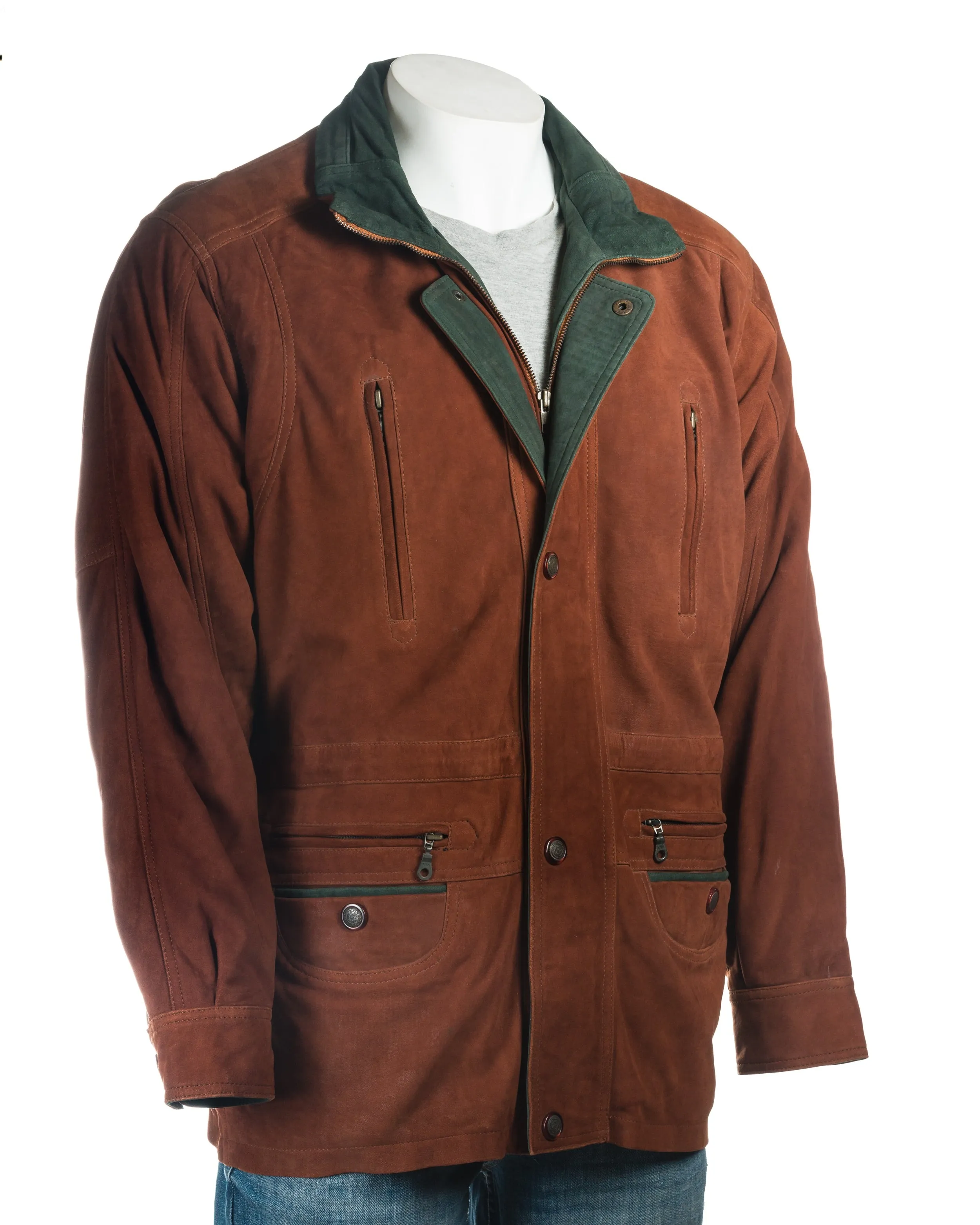 Men's Tan And Teal Nubuck Coat with Zipped Pockets: Fernando