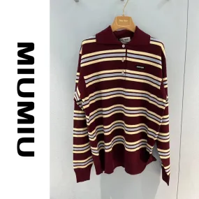 MiuMiu  |Stripes Casual Style Silk Long Sleeves Cotton Logo