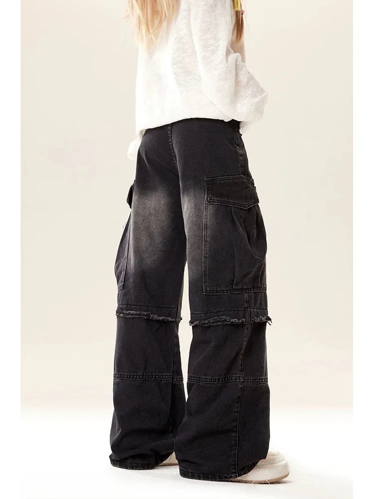Natural black American high-waisted straight work jeans for women in autumn and winter new style small wide-legged loose pants