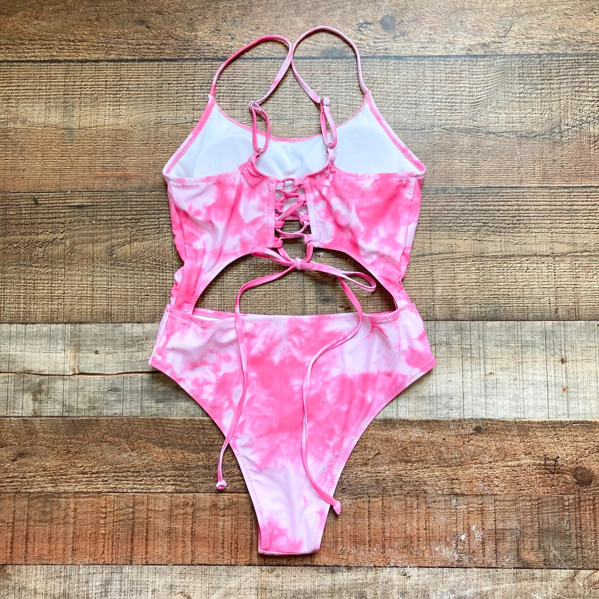 No Brand Pink Tie-Dye Front and Back Cutout Lace Up Padded One Piece NWOT - Size S (New with Liner)