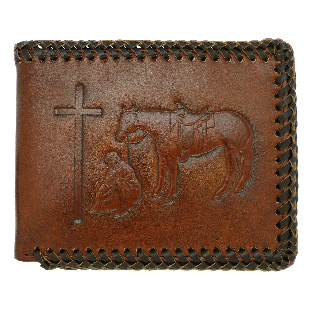 Nocona Western Mens Wallet Bi-Fold Pass Case Praying Cowboy Leather Brown Laced N5413908