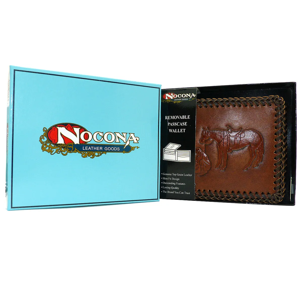 Nocona Western Mens Wallet Bi-Fold Pass Case Praying Cowboy Leather Brown Laced N5413908