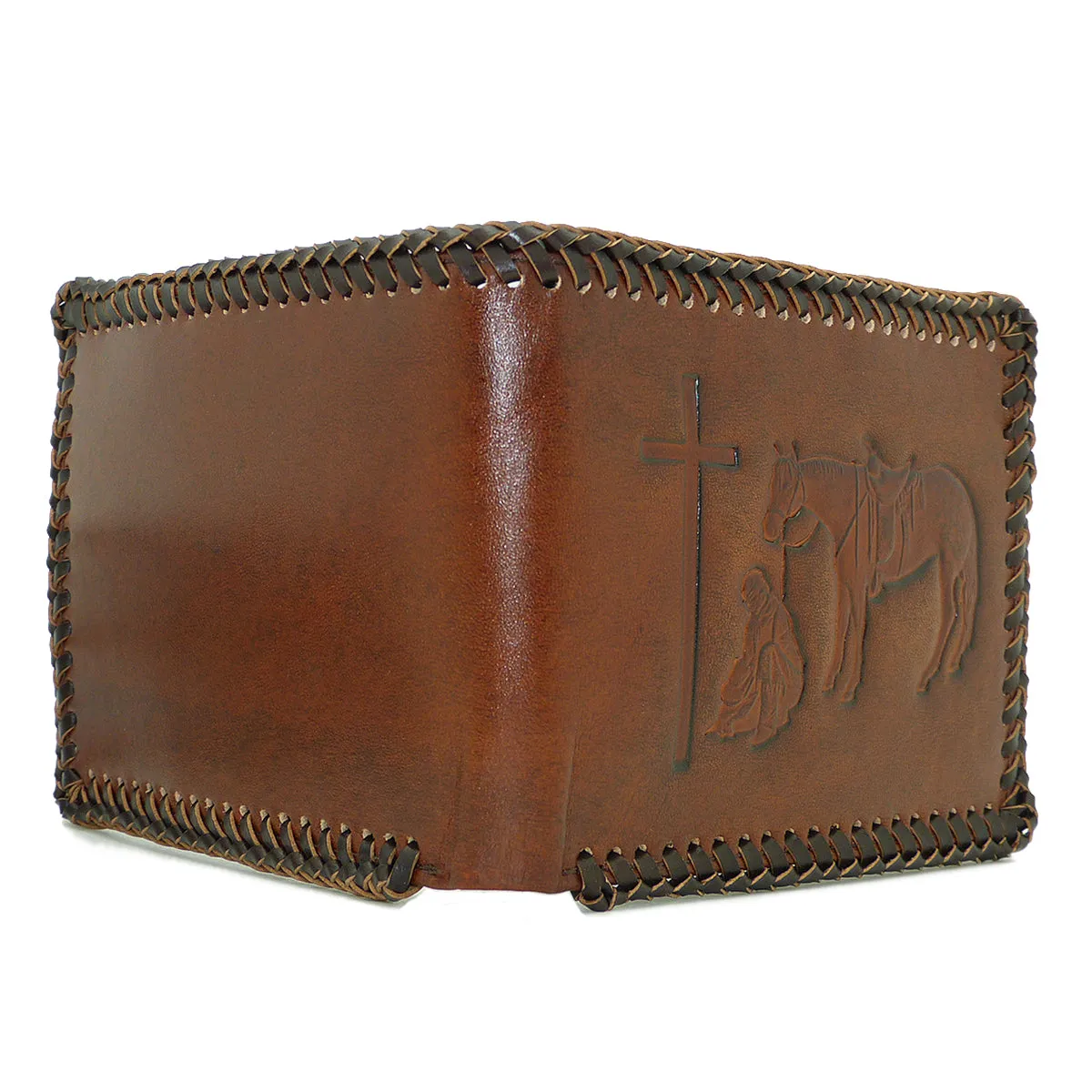 Nocona Western Mens Wallet Bi-Fold Pass Case Praying Cowboy Leather Brown Laced N5413908