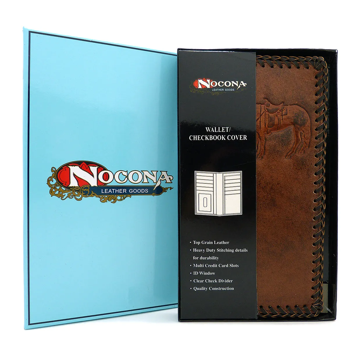 Nocona Western Mens Wallet Checkbook Cover Rodeo Praying Cowboy Leather Brown Laced