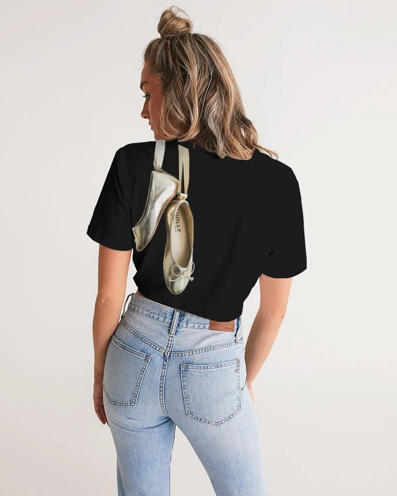 NOT WITHOUT MY DOLLY BALLERINAS WITH GOLD BALLERINAS Women's Twist-Front Cropped Tee