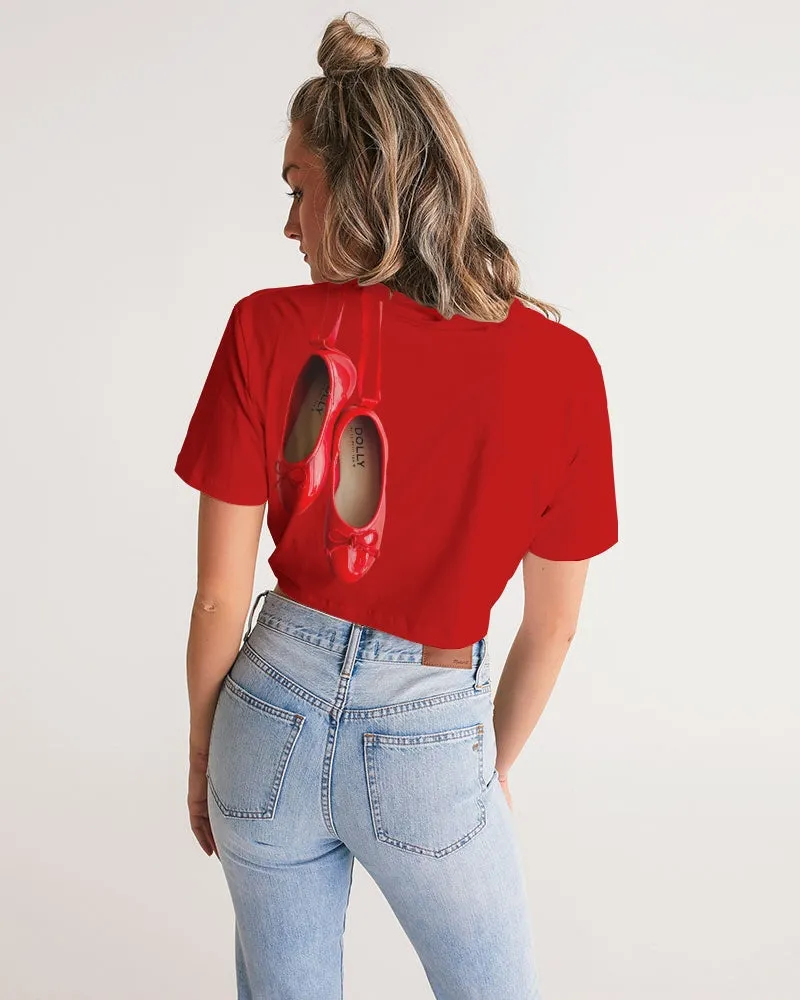 NOT WITHOUT MY DOLLY BALLERINAS WITH RED BALLERINAS Women's Twist-Front Cropped Tee