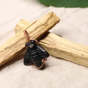 Obsidian Bee Carving Copper Wire Wrapped Pendant ~ Includes Necklace Cord