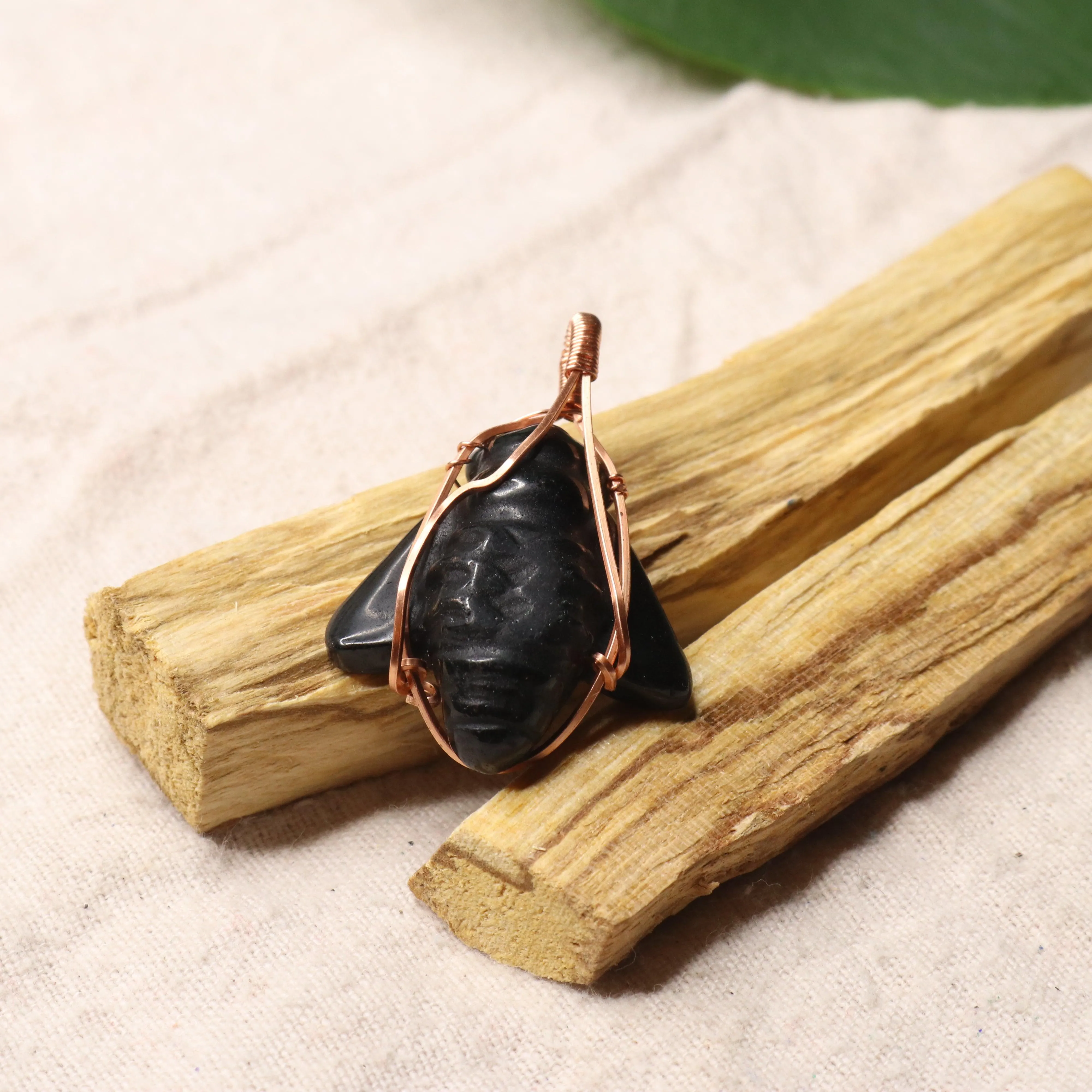 Obsidian Bee Carving Copper Wire Wrapped Pendant ~ Includes Necklace Cord