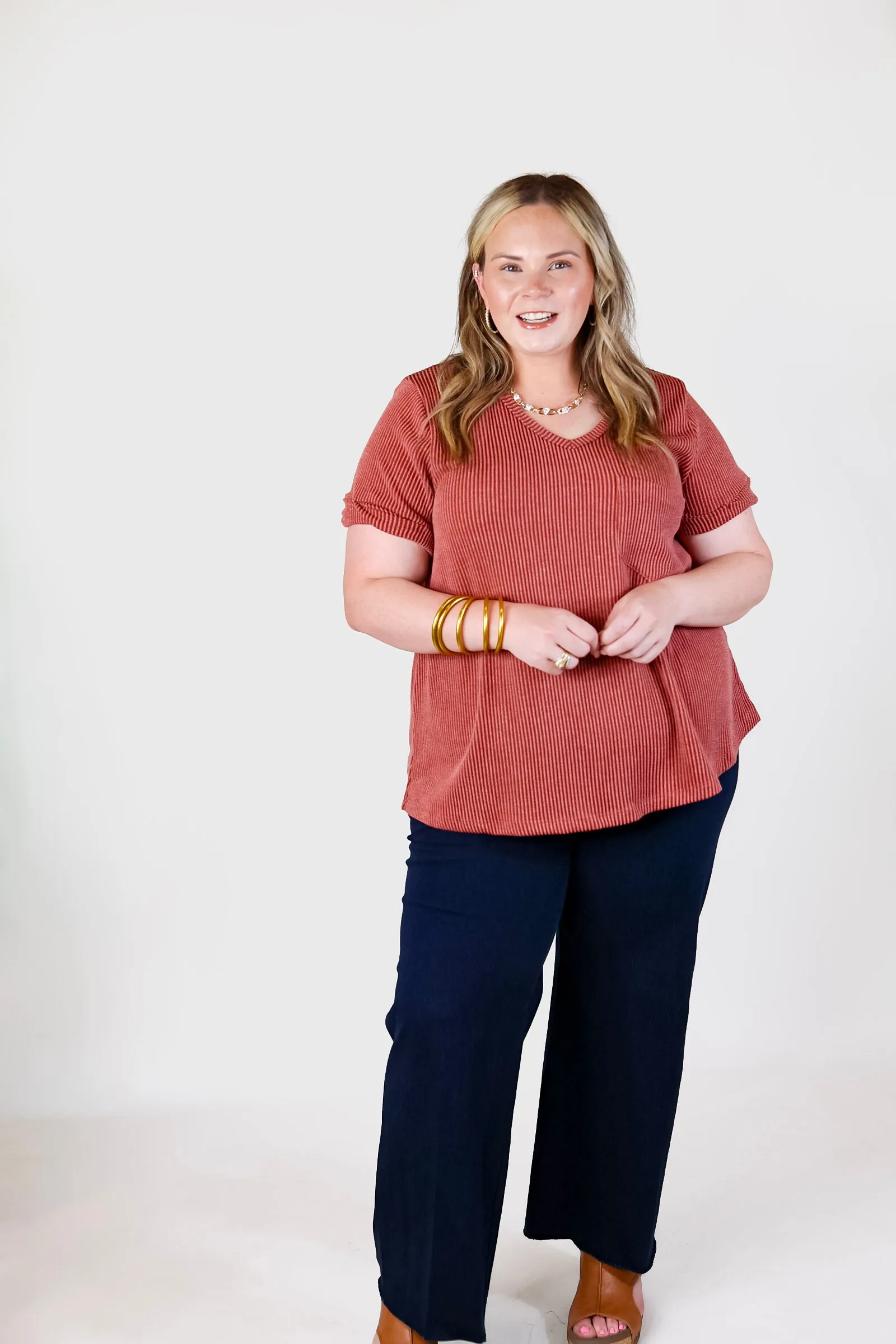 Only True Love Ribbed Short Sleeve Top with Front Pocket in Rust Red