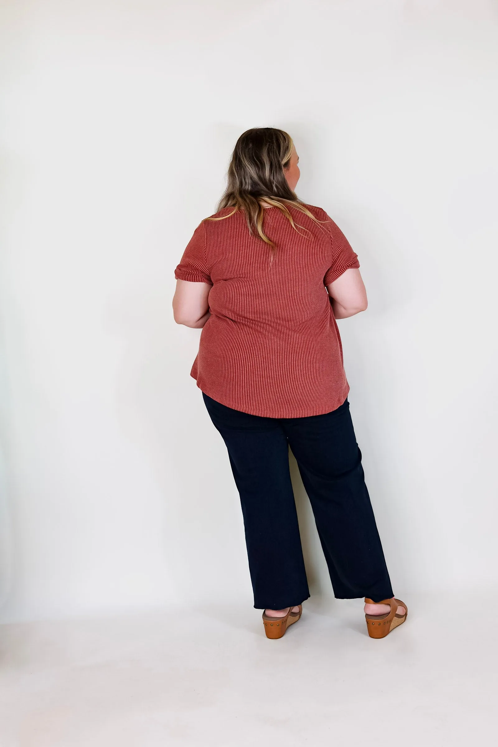 Only True Love Ribbed Short Sleeve Top with Front Pocket in Rust Red