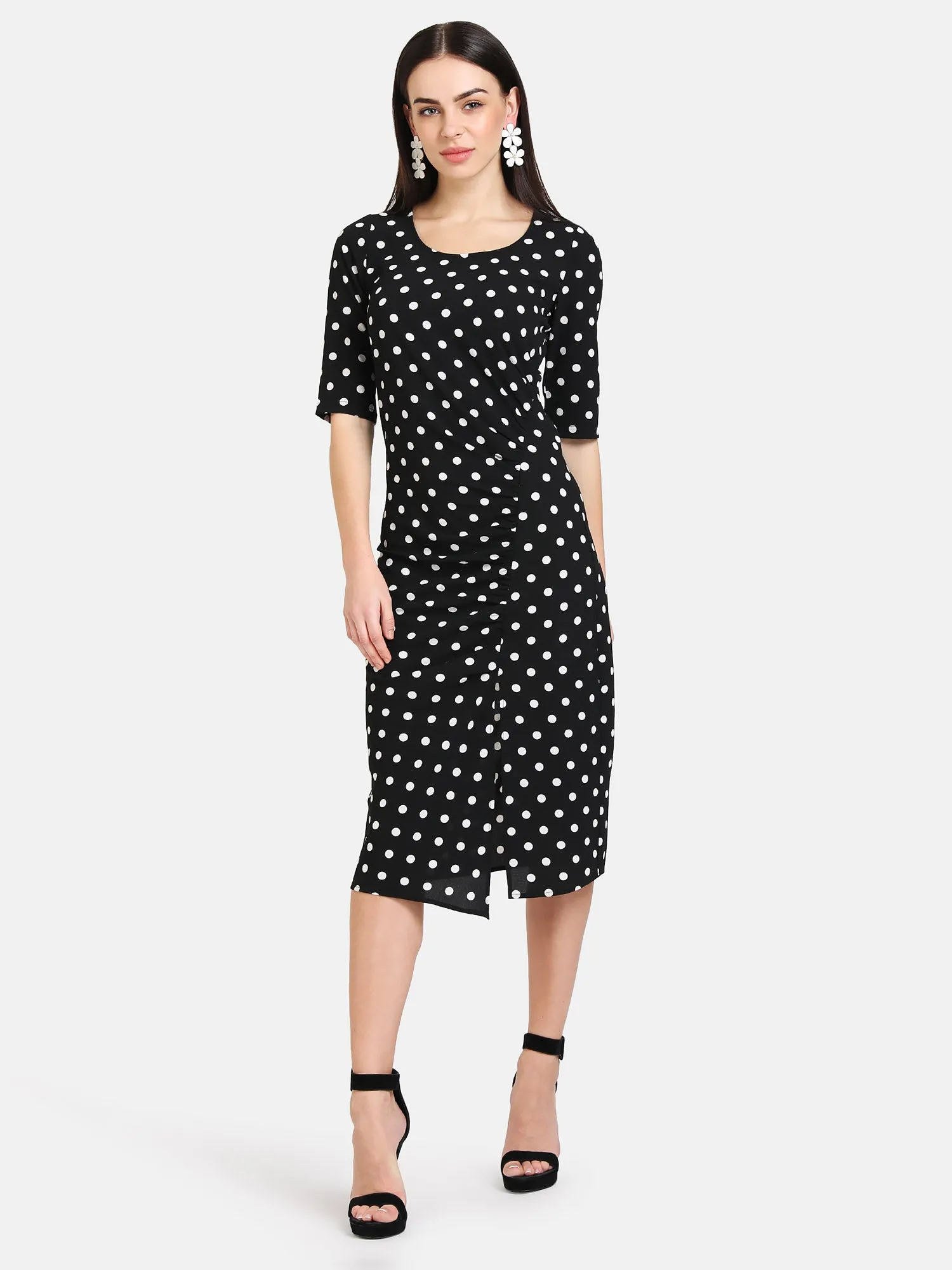 Polka Dot Midi Dress With Front Ruching Detail.