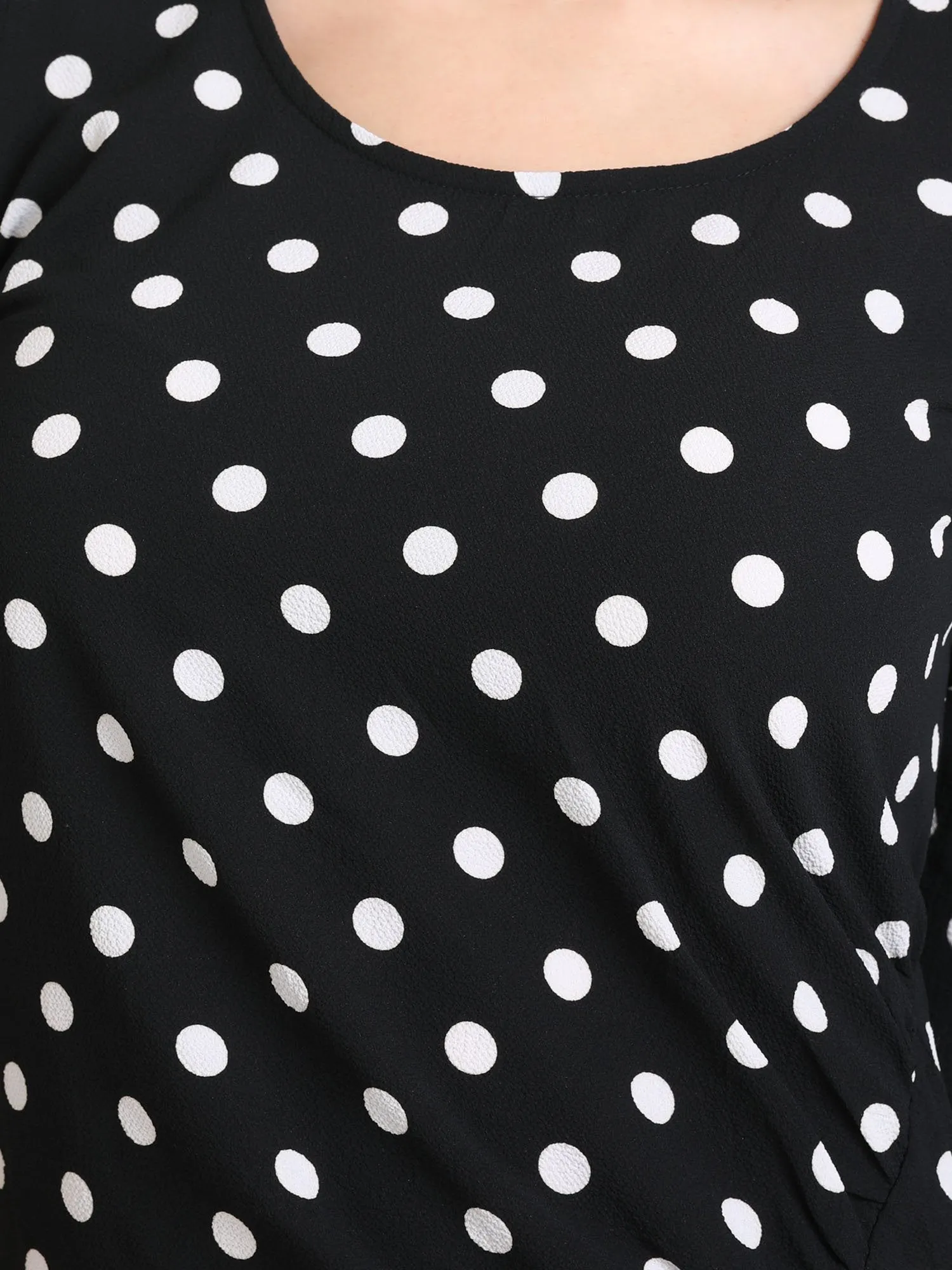 Polka Dot Midi Dress With Front Ruching Detail.