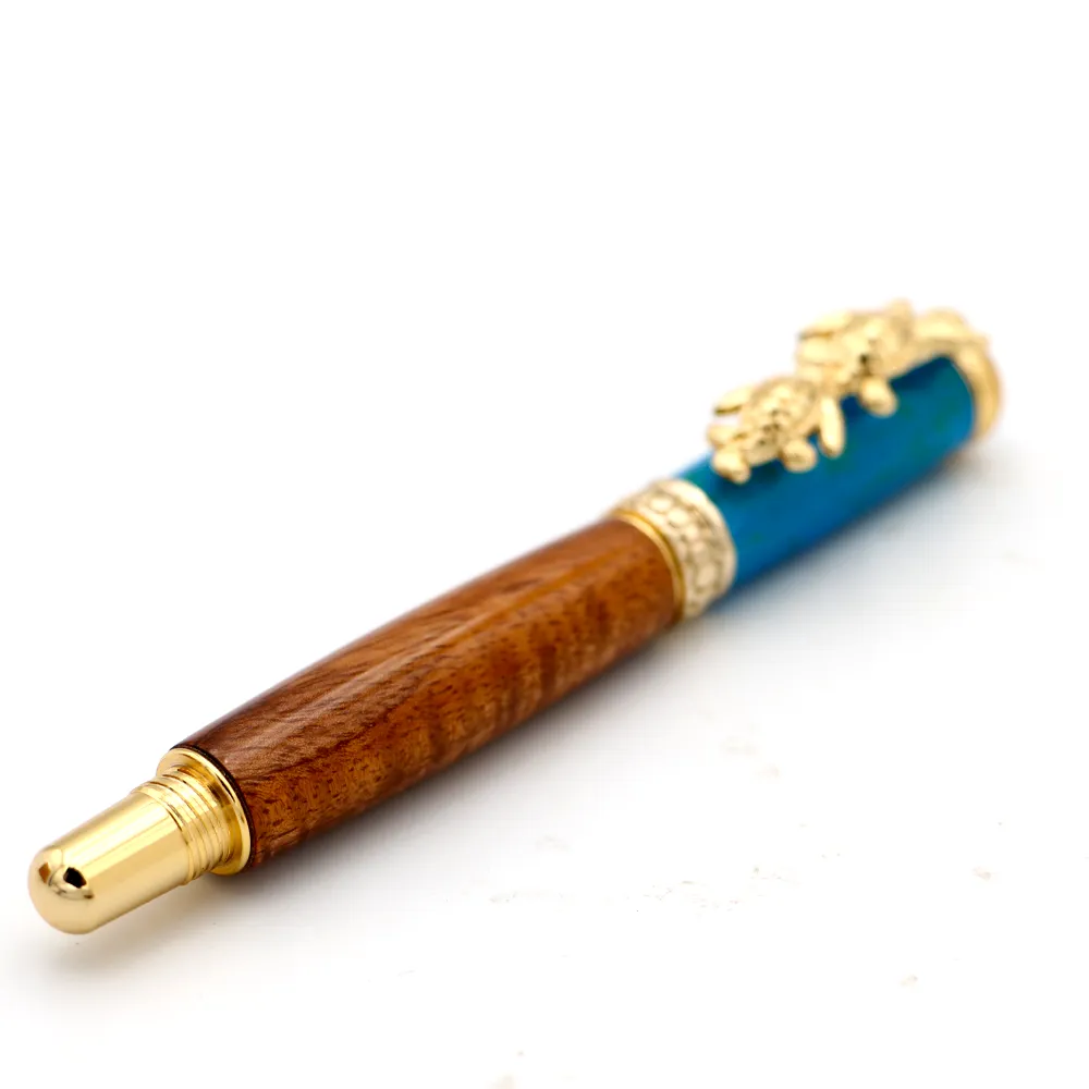 Premium Curly Hawaiian Koa Honu Pen - 24kt Gold