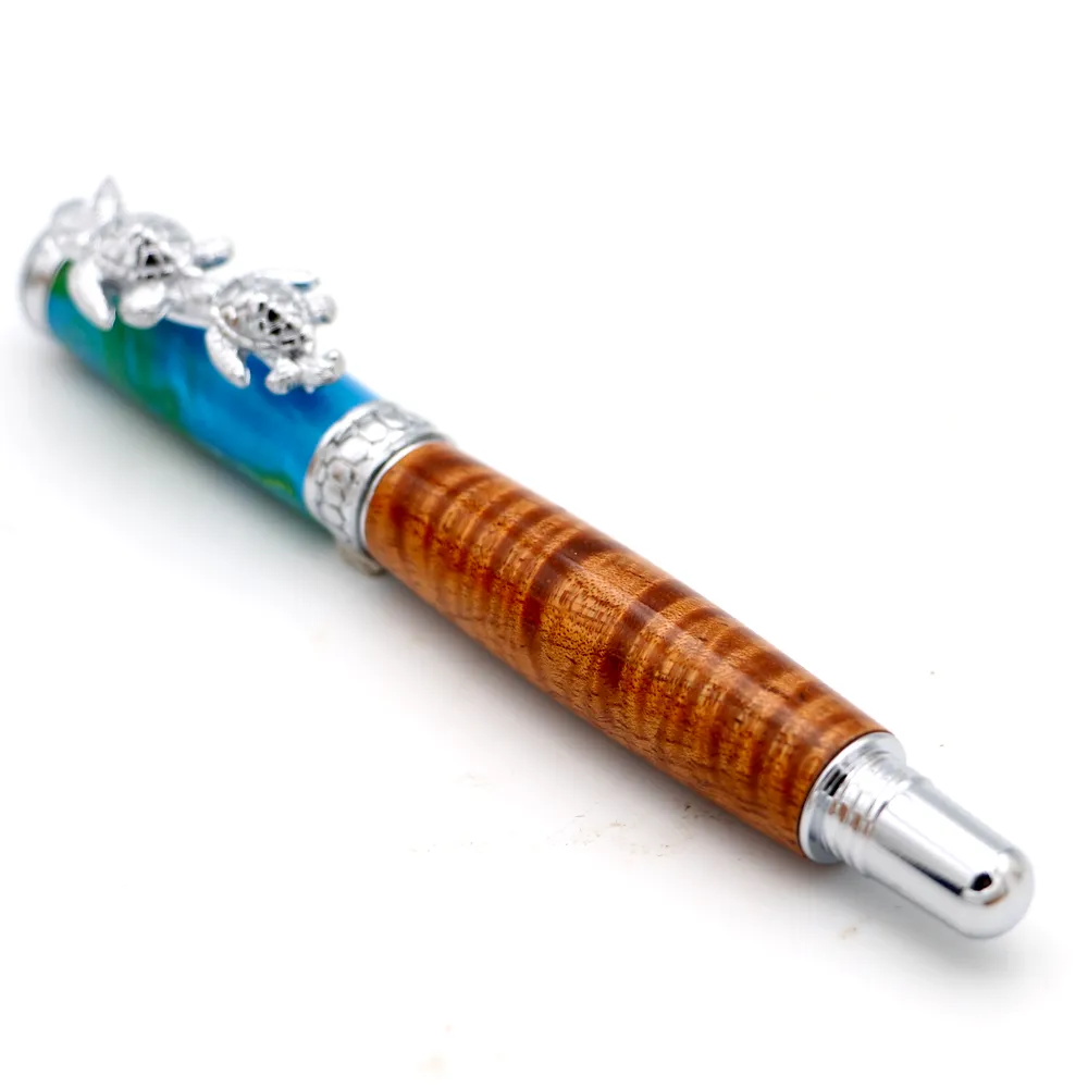 Premium Curly Hawaiian Koa Honu Pen - Chrome