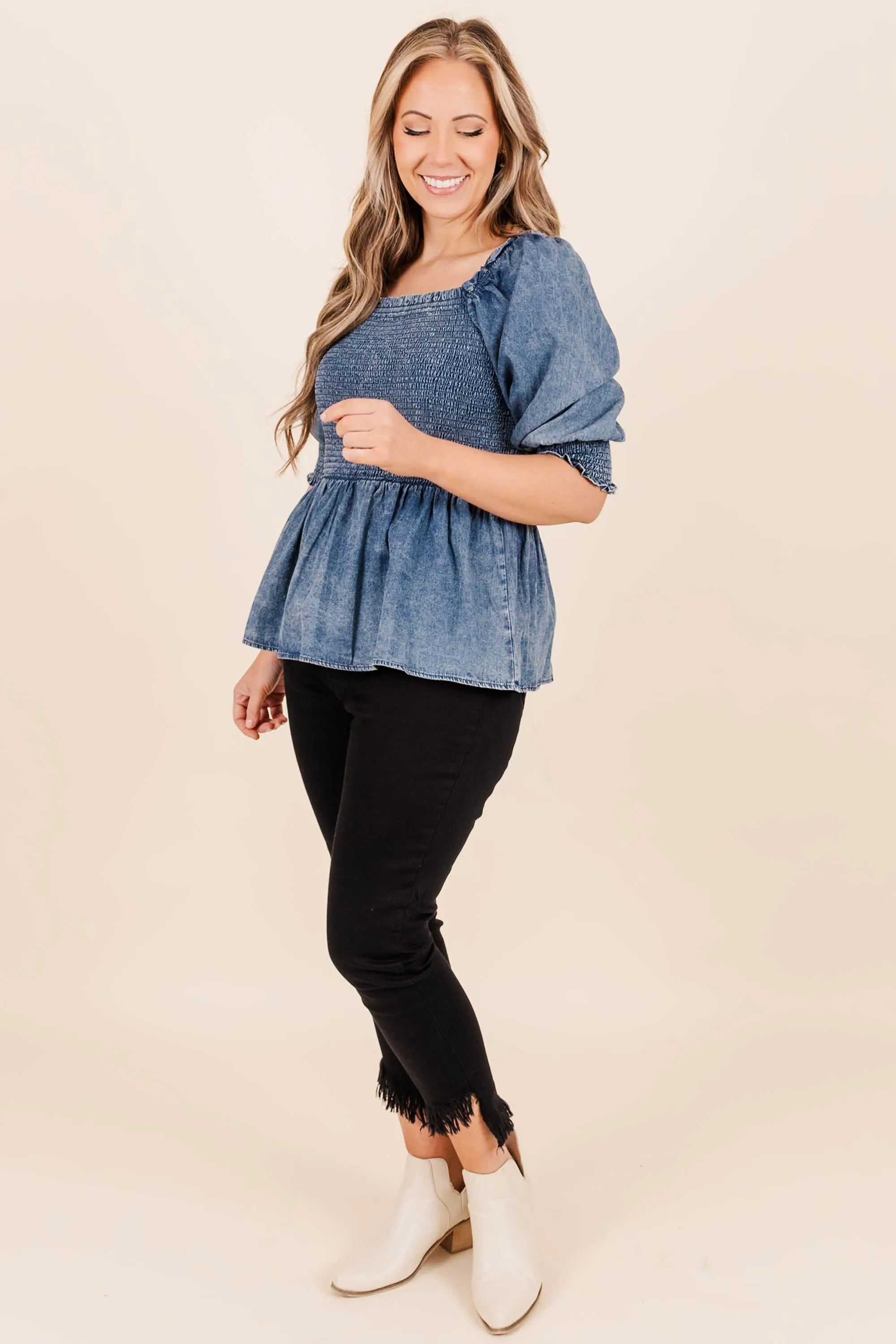 Puff Sleeved Baby Top, Denim