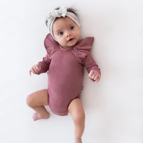 Ribbed Long Sleeve Ruffle Leotard in Dusty Rose