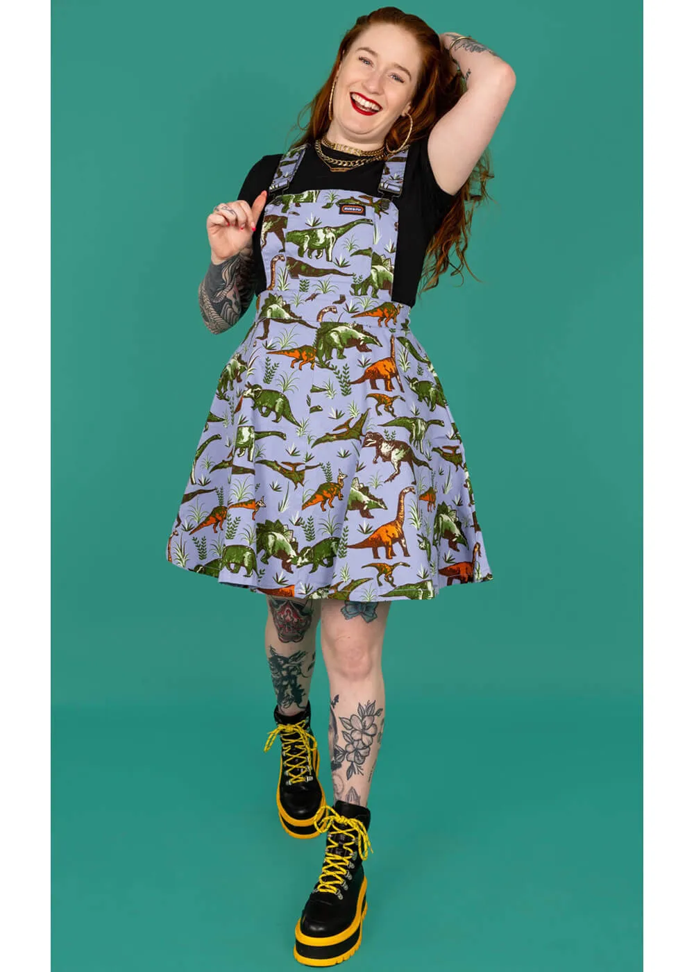 Run & Fly Adventure Dino Pinafore 70's Swing Dress Blue