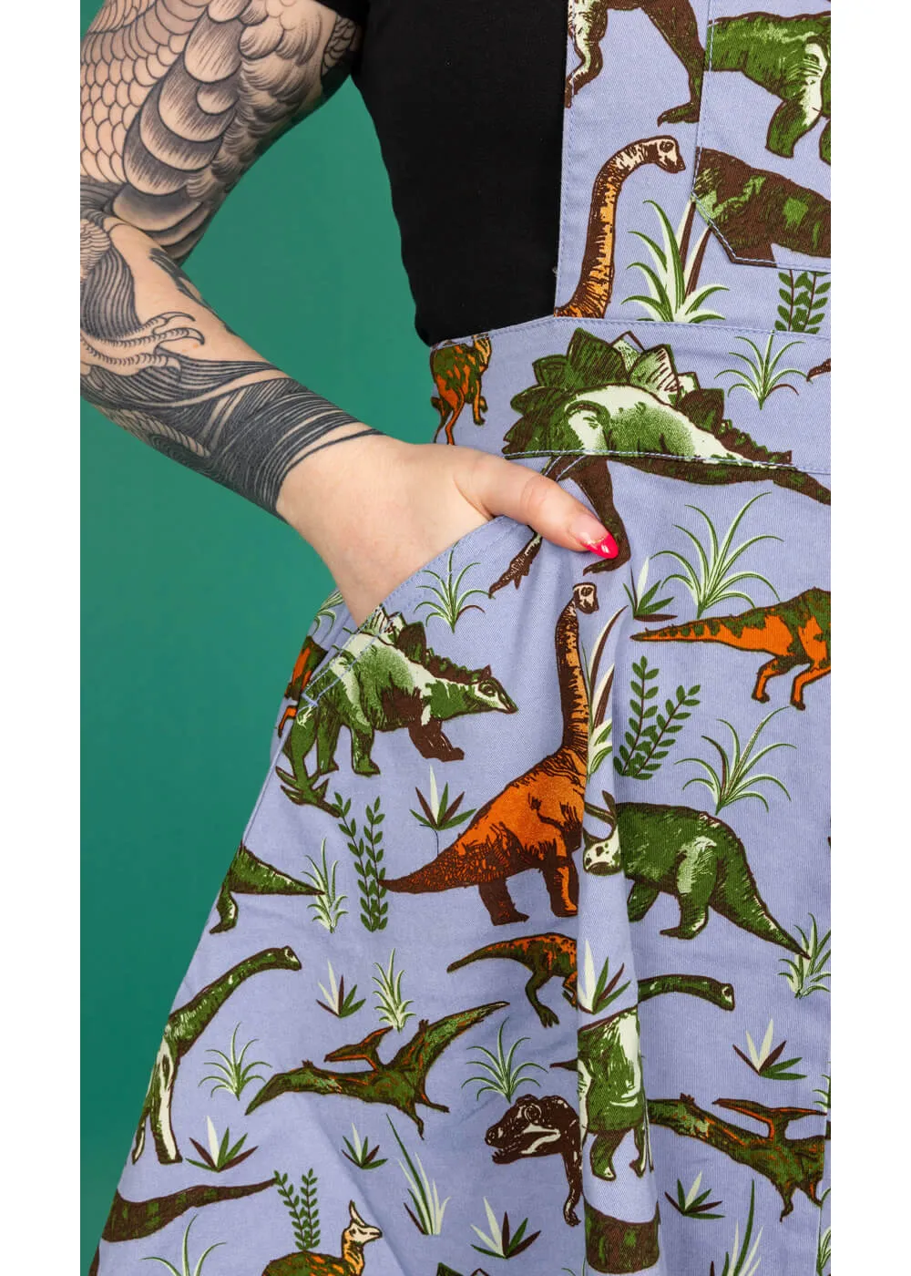 Run & Fly Adventure Dino Pinafore 70's Swing Dress Blue