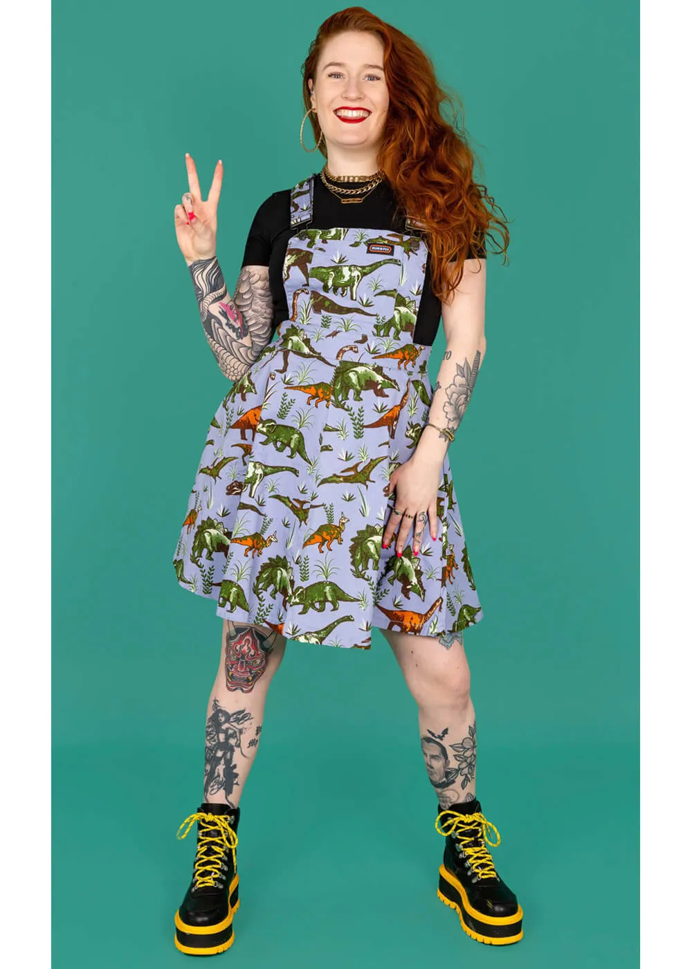 Run & Fly Adventure Dino Pinafore 70's Swing Dress Blue