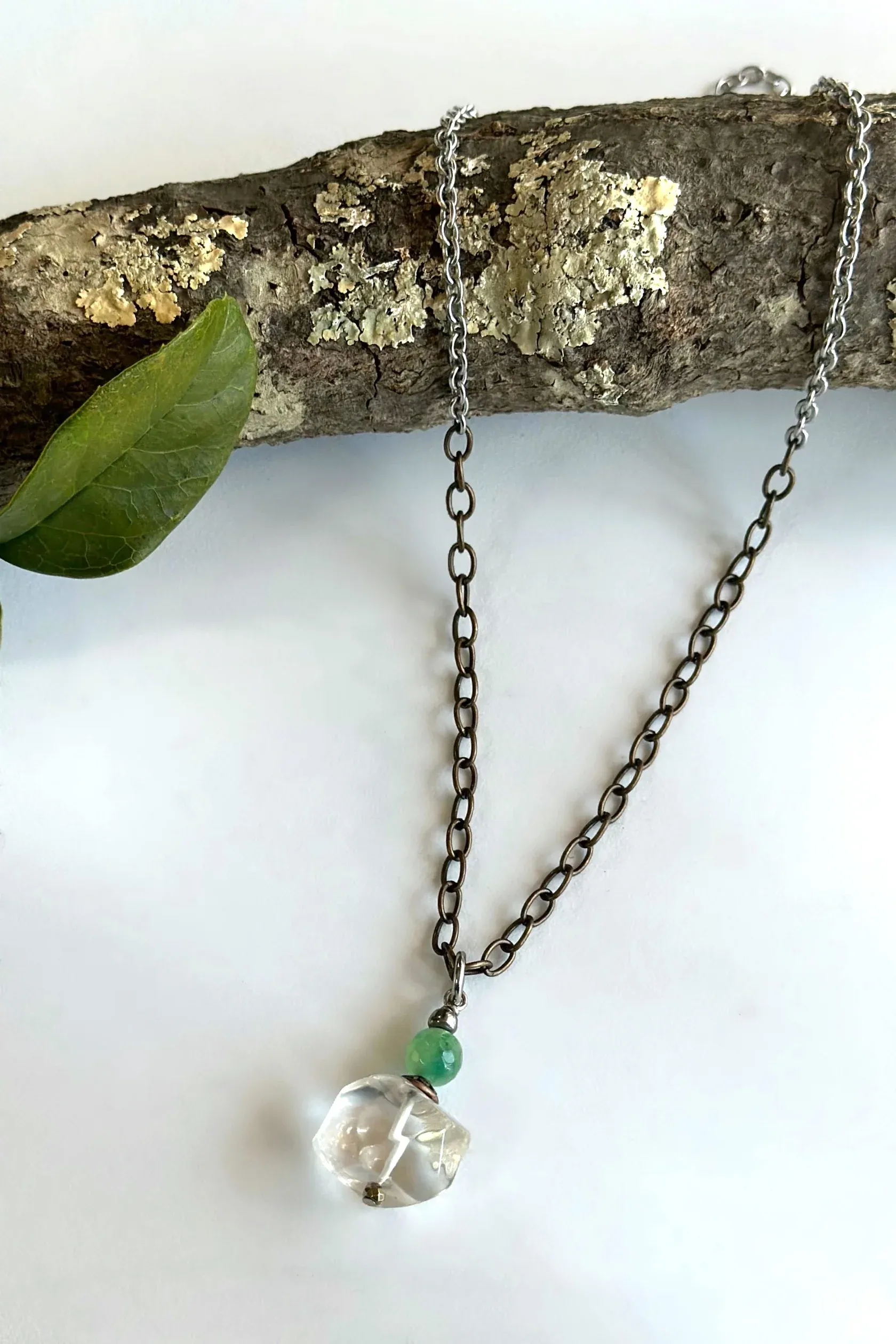 Simple Brass Necklace w/ Handwrapped Quartz and Gemstone