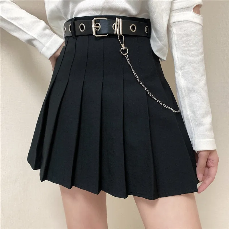 Simple Pleated Skirt with Belt Black