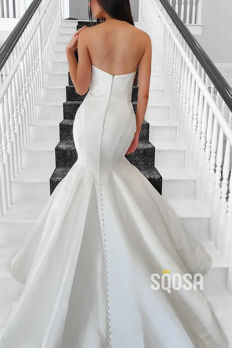 Simple Satin Bateau Strapless Empire With Train Wedding Dress  QW8163