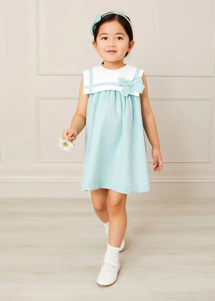 Sleeveless Trapeze Dress With Bow Detail in Green (12mths-10yrs)