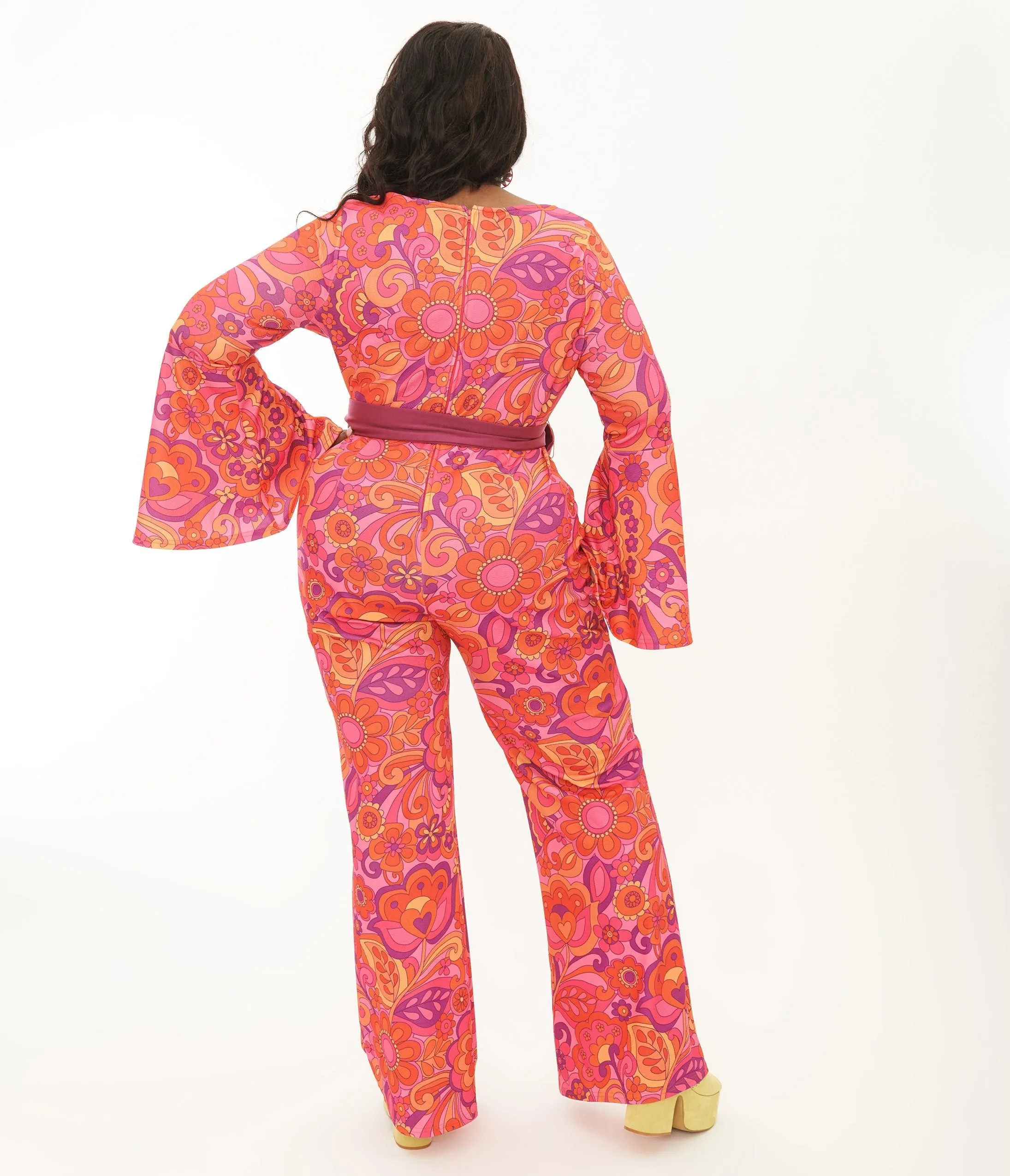 Smak Parlour Plus Size Pink Mod Floral Bell Sleeve Jumpsuit