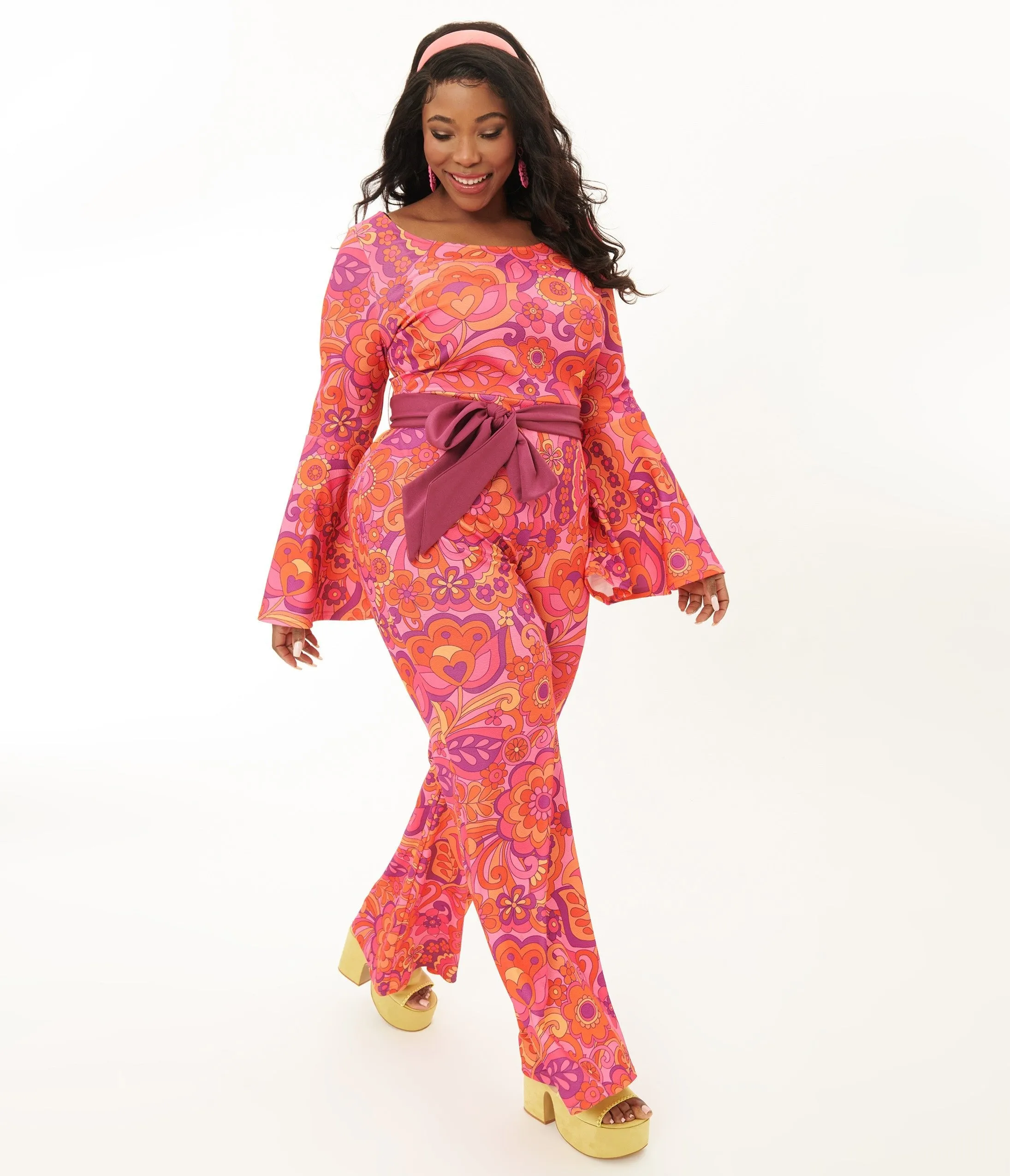 Smak Parlour Plus Size Pink Mod Floral Bell Sleeve Jumpsuit