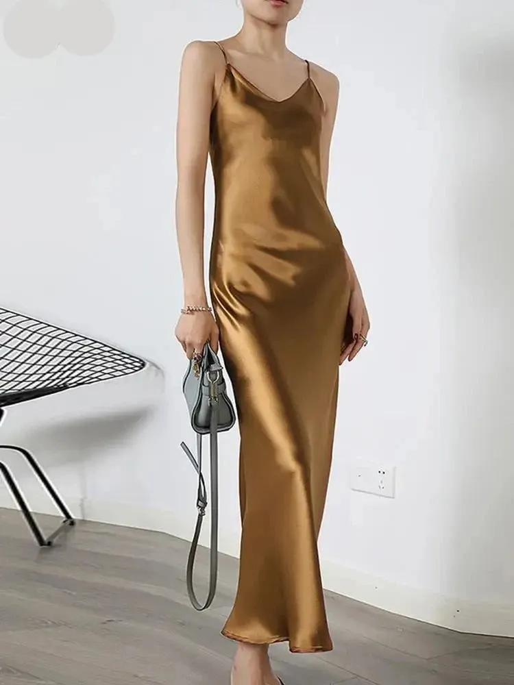 Spaghetti Strap Party Dress Female Slip Solid Elegant Y2K Clothes