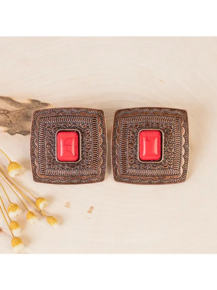 Square Western Earring | Red