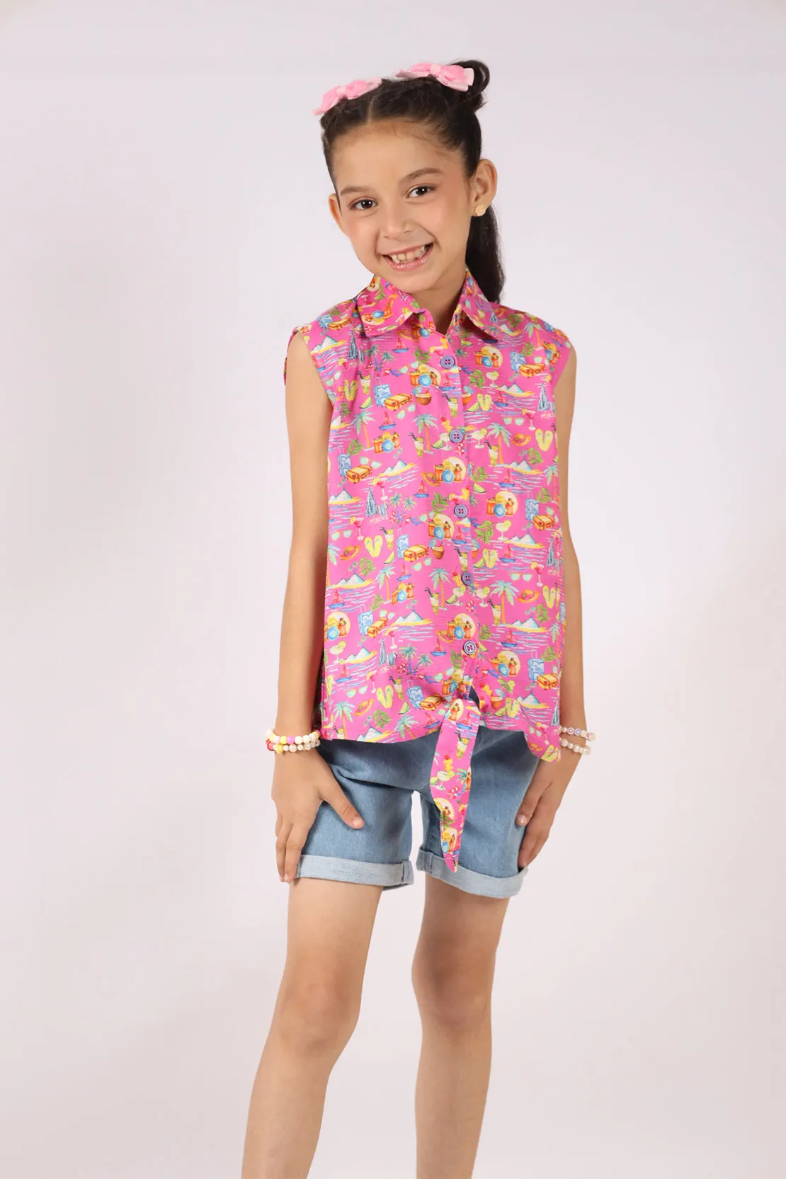 Stitched Cotton Dobby Printed Sleeveless Collared Shirt With Front Knot  For Kids