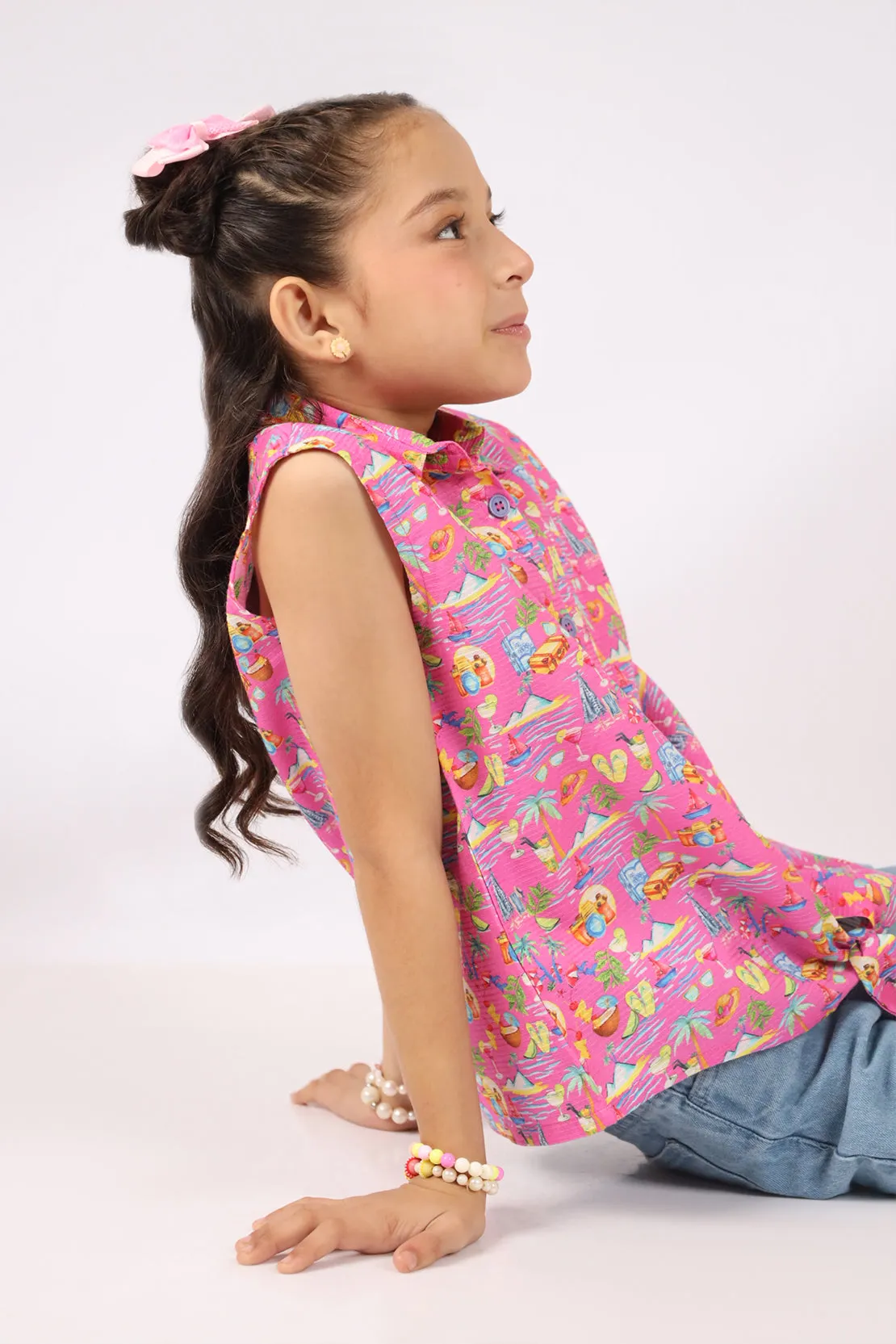 Stitched Cotton Dobby Printed Sleeveless Collared Shirt With Front Knot  For Kids