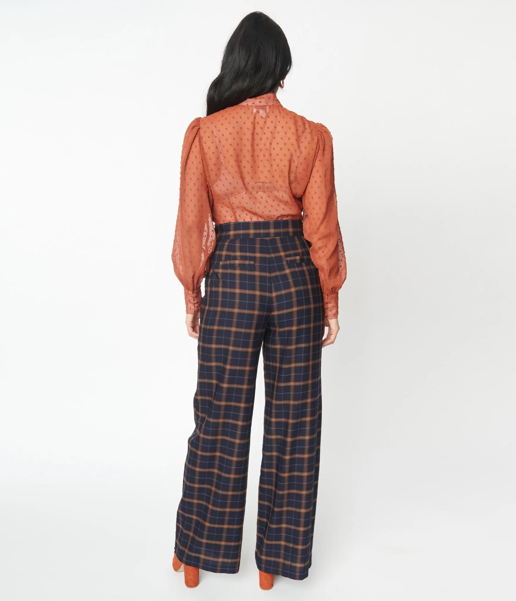 Unique Vintage 1940s Navy & Orange Plaid High Waist Sailor Ginger Pants